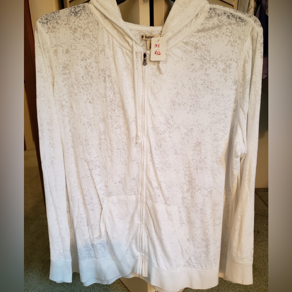 Ruff Hewn Zip Up White Light Weight Sporty Burn Out Hooded Jacket 3X